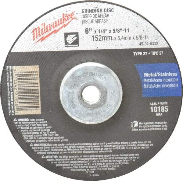 Milwaukee Tool - 24 Grit, 6" Wheel Diam, 1/4" Wheel Thickness, Type 27 Depressed Center Wheel - Aluminum Oxide, Resinoid Bond, R Hardness, 10,185 Max RPM, Compatible with Angle Grinder - Americas Industrial Supply
