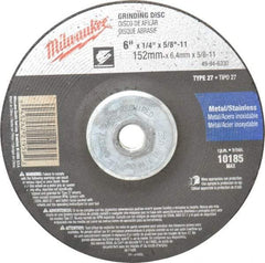 Milwaukee Tool - 24 Grit, 6" Wheel Diam, 1/4" Wheel Thickness, Type 27 Depressed Center Wheel - Aluminum Oxide, Resinoid Bond, R Hardness, 10,185 Max RPM, Compatible with Angle Grinder - Americas Industrial Supply