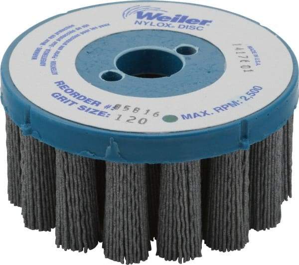 Weiler - 4" 120 Grit Silicon Carbide Crimped Disc Brush - Fine Grade, Plain Hole Connector, 1-1/2" Trim Length, 7/8" Arbor Hole - Americas Industrial Supply