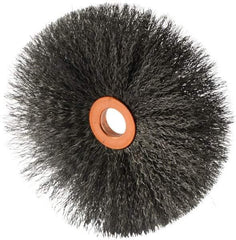 Weiler - 4" OD, 1/2" Arbor Hole, Crimped Steel Wheel Brush - 1/2" Face Width, 1-1/2" Trim Length, 0.006" Filament Diam, 20,000 RPM - Americas Industrial Supply