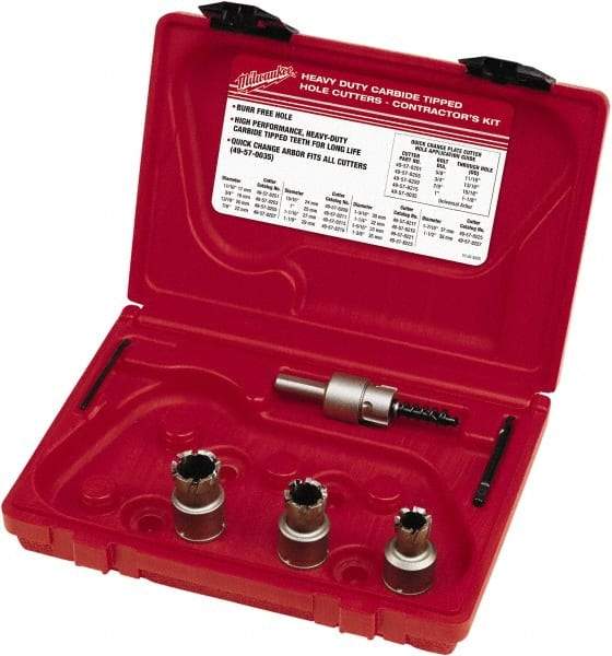 Milwaukee Tool - 5 Piece, 11/16" to 15/16" Saw Diam, Contractor's Hole Saw Kit - Carbide-Tipped, Gulleted Edge, Pilot Drill Model No. 49-57-0035, 49-57-0038, Includes 3 Hole Saws - Americas Industrial Supply