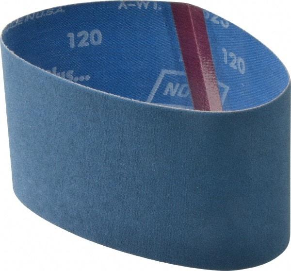 Norton - 3-1/2" Wide x 15-1/2" OAL, 120 Grit, Zirconia Alumina Abrasive Belt - Zirconia Alumina, Fine, Coated, Y Weighted Cloth Backing, Series R823 - Americas Industrial Supply