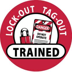 NMC - Lock-Out Tag-Out Trained, Hard Hat Label - Black & White on Red, 2" Thick, For Accident Prevention - Americas Industrial Supply