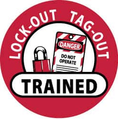 NMC - Lock-Out Tag-Out Trained, Hard Hat Label - Black & White on Red, 2" Thick, For Accident Prevention - Americas Industrial Supply