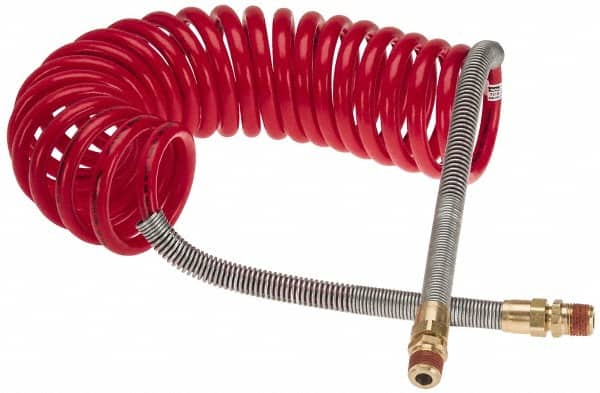 Parker - 3/8" ID, 1/2 x 1/2 Thread, 15' Long, Red SAE J844 Type B Nylon Coiled & Self Storing Hose - 150 Max psi, Parker NTA Brass Fittings - Americas Industrial Supply