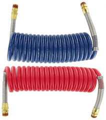 Parker - 3/8" ID, 1/2 x 1/2 Thread, 15' Long, (1) Red & (1) Blue SAE J844 Type B Nylon Coiled & Self Storing Hose - 150 Max psi, Parker NTA Brass Fittings - Americas Industrial Supply