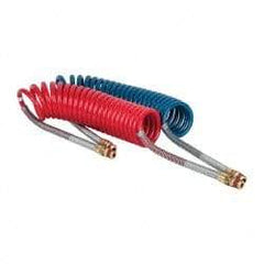 Parker - 3/8" ID, 1/2 x 1/2 Thread, 15' Long, (1) Red & (1) Blue SAE J844 Type B Nylon Coiled & Self Storing Hose - 150 Max psi, Parker NTA Brass Fittings - Americas Industrial Supply