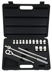 Stanley - 16 Piece 1/2" Drive Chrome Finish Socket Set - 6 Points, 12mm to 24mm Range, Metric Measurement Standard - Americas Industrial Supply