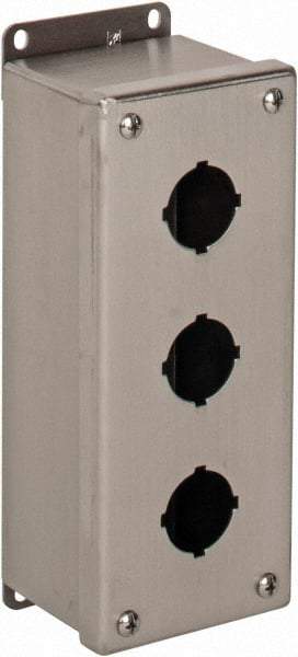 nVent Hoffman - 3 Hole, 1.2 Inch Hole Diameter, Stainless Steel Pushbutton Switch Enclosure - 9 Inch High x 3.47 Inch Wide x 2-3/4 Inch Deep, 12, 13, 4X NEMA Rated - Americas Industrial Supply