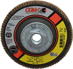 Camel Grinding Wheels - 120 Grit, 4-1/2" Disc Diam, 5/8-11 Center Hole, Type 27 Zirconia Alumina Flap Disc - 13,300 Max RPM, Poly Cotton Backing, Arbor Attaching System, Coated - Americas Industrial Supply