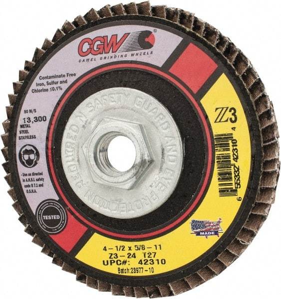 Camel Grinding Wheels - 24 Grit, 4-1/2" Disc Diam, 5/8-11 Center Hole, Type 27 Zirconia Alumina Flap Disc - 13,300 Max RPM, Poly Cotton Backing, Arbor Attaching System, Coated - Americas Industrial Supply