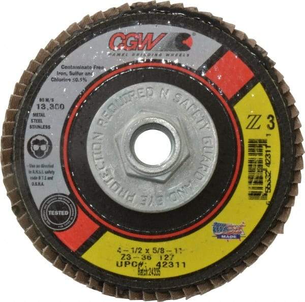 Camel Grinding Wheels - 36 Grit, 4-1/2" Disc Diam, 5/8-11 Center Hole, Type 27 Zirconia Alumina Flap Disc - 13,300 Max RPM, Poly Cotton Backing, Arbor Attaching System, Coated - Americas Industrial Supply