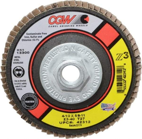 Camel Grinding Wheels - 40 Grit, 4-1/2" Disc Diam, 5/8-11 Center Hole, Type 27 Zirconia Alumina Flap Disc - 13,300 Max RPM, Poly Cotton Backing, Arbor Attaching System, Coated - Americas Industrial Supply