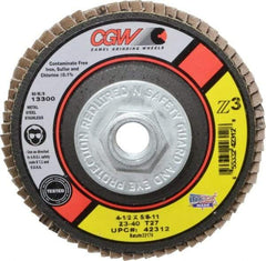 Camel Grinding Wheels - 40 Grit, 4-1/2" Disc Diam, 5/8-11 Center Hole, Type 27 Zirconia Alumina Flap Disc - 13,300 Max RPM, Poly Cotton Backing, Arbor Attaching System, Coated - Americas Industrial Supply