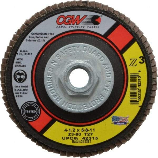 Camel Grinding Wheels - 80 Grit, 4-1/2" Disc Diam, 5/8-11 Center Hole, Type 27 Zirconia Alumina Flap Disc - 13,300 Max RPM, Poly Cotton Backing, Arbor Attaching System, Coated - Americas Industrial Supply