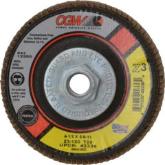 Camel Grinding Wheels - 120 Grit, 4-1/2" Disc Diam, 5/8-11 Center Hole, Type 29 Zirconia Alumina Flap Disc - 13,300 Max RPM, Poly Cotton Backing, Arbor Attaching System, Coated - Americas Industrial Supply