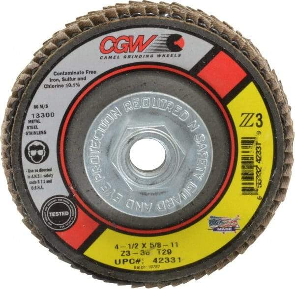 Camel Grinding Wheels - 36 Grit, 4-1/2" Disc Diam, 5/8-11 Center Hole, Type 29 Zirconia Alumina Flap Disc - 13,300 Max RPM, Poly Cotton Backing, Arbor Attaching System, Coated - Americas Industrial Supply