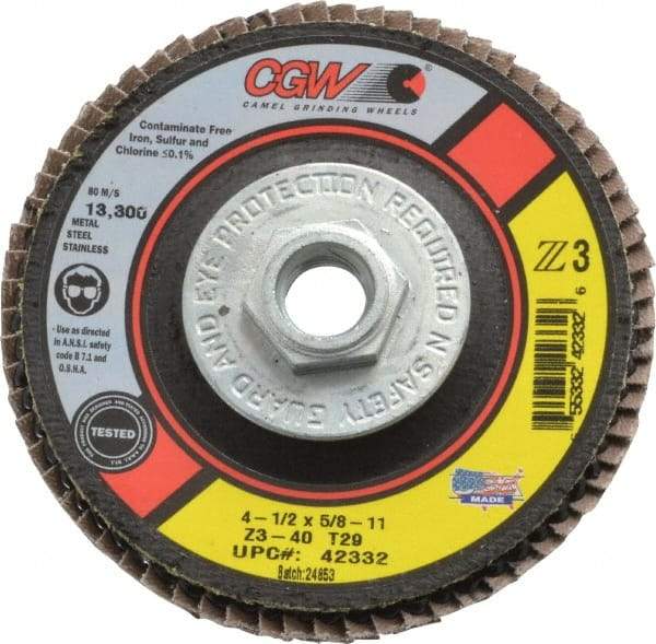 Camel Grinding Wheels - 40 Grit, 4-1/2" Disc Diam, 5/8-11 Center Hole, Type 29 Zirconia Alumina Flap Disc - 13,300 Max RPM, Poly Cotton Backing, Arbor Attaching System, Coated - Americas Industrial Supply