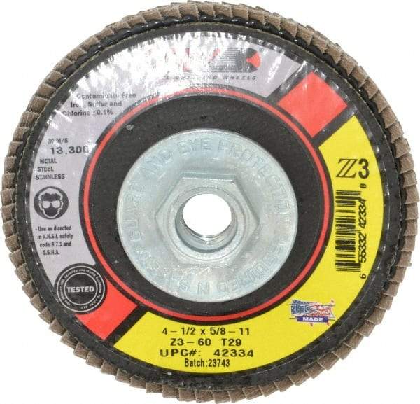 Camel Grinding Wheels - 60 Grit, 4-1/2" Disc Diam, 5/8-11 Center Hole, Type 29 Zirconia Alumina Flap Disc - 13,300 Max RPM, Poly Cotton Backing, Arbor Attaching System, Coated - Americas Industrial Supply