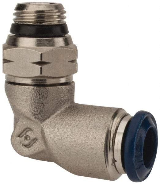 Alpha Technologies - 1/4" Outside Diam, 1/8 Universal Thread, Nickel Plated Brass Push-to-Connect Male Swivel Elbow - 250 Max psi, Tube to Universal Thread Connection, Buna O-Ring - Americas Industrial Supply