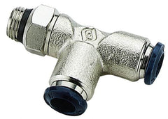 Alpha Technologies - 1/8" Outside Diam, 1/8 Universal Thread, Nickel Plated Brass Push-to-Connect Male Swivel Run Tee - 250 Max psi, Tube to Universal Thread Connection, Buna O-Ring - Americas Industrial Supply