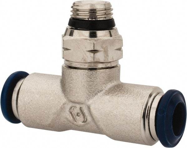 Alpha Technologies - 1/4" Outside Diam, 1/8 Universal Thread, Nickel Plated Brass Push-to-Connect Male Swivel Branch Tee - 250 Max psi, Tube to Universal Thread Connection, Buna O-Ring - Americas Industrial Supply