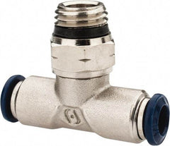Alpha Technologies - 1/4" Outside Diam, 1/4 Universal Thread, Nickel Plated Brass Push-to-Connect Male Swivel Branch Tee - 250 Max psi, Tube to Universal Thread Connection, Buna O-Ring - Americas Industrial Supply