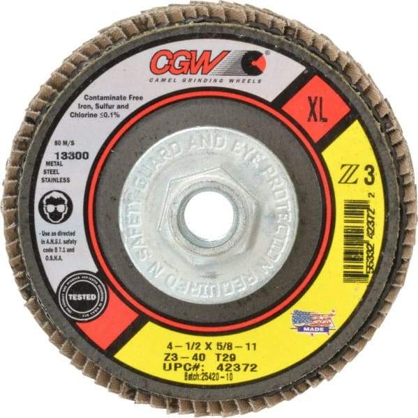 Camel Grinding Wheels - 40 Grit, 4-1/2" Disc Diam, 5/8-11 Center Hole, Type 29 Zirconia Alumina Flap Disc - 13,300 Max RPM, Poly Cotton Backing, Arbor Attaching System, Coated - Americas Industrial Supply