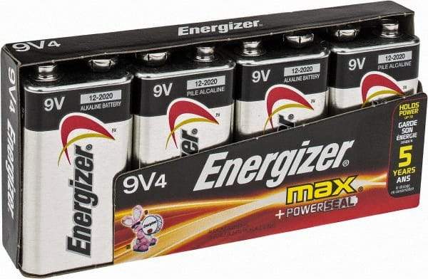 Energizer - Size 9V, Alkaline, 4 Pack, Standard Battery - 9 Volts, Miniature Snap Terminal, 6LR61, ANSI, IEC Regulated - Americas Industrial Supply