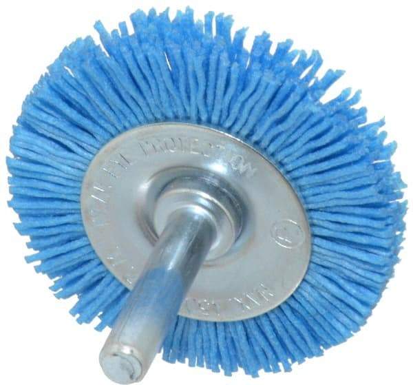 Value Collection - 2" OD, 1/4" Shank Diam, Crimped Nylon Wheel Brush - 1/4" Face Width, 5/16" Trim Length, 4,500 RPM - Americas Industrial Supply