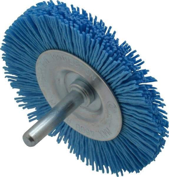 Value Collection - 3" OD, 1/4" Shank Diam, Crimped Nylon Wheel Brush - 1/4" Face Width, 5/16" Trim Length, 4,500 RPM - Americas Industrial Supply