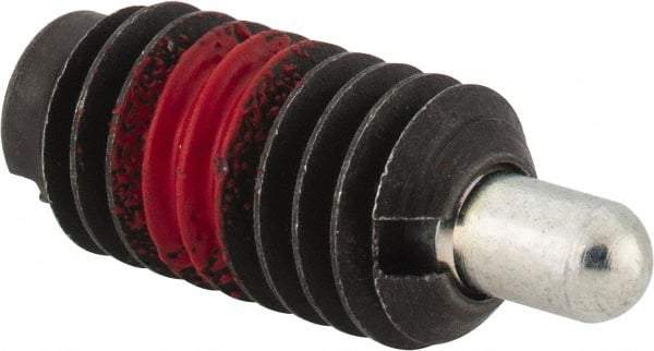 Jergens - 5/16-18, 5/8" Thread Length, 3/16" Plunger Projection, Steel Threaded Spring Plunger - 0.135" Max Plunger Diam, 5/8" Plunger Length, 0.5 Lb Init End Force, 4.5 Lb Final End Force - Americas Industrial Supply