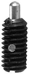 Jergens - 6-32, 3/8" Thread Length, 1/16" Plunger Projection, Steel Threaded Spring Plunger - 0.046" Max Plunger Diam, 3/8" Plunger Length, 0.5 Lb Init End Force, 1.5 Lb Final End Force - Americas Industrial Supply