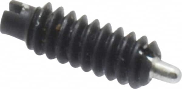 Jergens - 6-32, 3/8" Thread Length, 1/16" Plunger Projection, Steel Threaded Spring Plunger - 0.046" Max Plunger Diam, 3/8" Plunger Length, 0.5 Lb Init End Force, 1.5 Lb Final End Force - Americas Industrial Supply