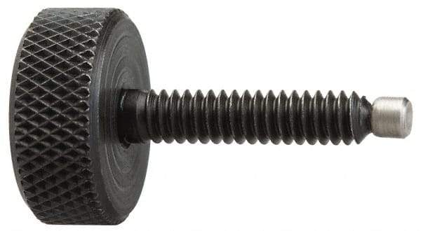 Jergens - 3/8-16 Knurled Shoulderless Swivel Pad Tip Grade 1215 Steel Thumb Screw - 2-7/16" OAL, 1-1/4" Head Diam x 7/16" Head Height, Black Oxide Finish - Americas Industrial Supply
