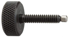 Jergens - 3/8-16 Knurled Shoulderless Swivel Pad Tip Grade 1215 Steel Thumb Screw - 2-7/16" OAL, 1-1/4" Head Diam x 7/16" Head Height, Black Oxide Finish - Americas Industrial Supply
