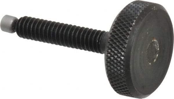 Jergens - 1/4-20 Knurled Shoulderless Swivel Pad Tip Grade 1215 Steel Thumb Screw - 1-13/16" OAL, 1" Head Diam x 5/16" Head Height, Black Oxide Finish - Americas Industrial Supply