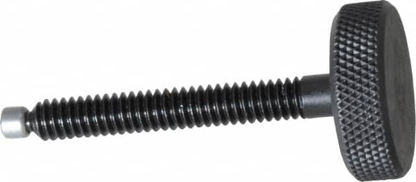 Jergens - 1/4-20 Knurled Shoulderless Swivel Pad Tip Grade 1215 Steel Thumb Screw - 2-5/16" OAL, 1" Head Diam x 5/16" Head Height, Black Oxide Finish - Americas Industrial Supply