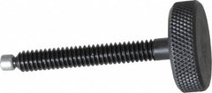 Jergens - 1/4-20 Knurled Shoulderless Swivel Pad Tip Grade 1215 Steel Thumb Screw - 2-5/16" OAL, 1" Head Diam x 5/16" Head Height, Black Oxide Finish - Americas Industrial Supply