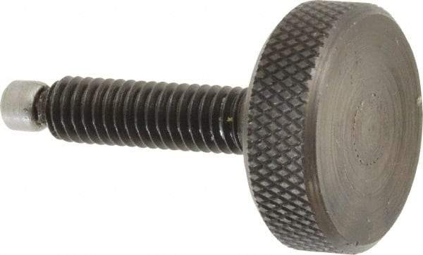 Jergens - 5/16-18 Knurled Shoulderless Swivel Pad Tip Grade 1215 Steel Thumb Screw - 1-7/8" OAL, 1-1/8" Head Diam x 3/8" Head Height, Black Oxide Finish - Americas Industrial Supply