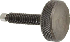 Jergens - 5/16-18 Knurled Shoulderless Swivel Pad Tip Grade 1215 Steel Thumb Screw - 1-7/8" OAL, 1-1/8" Head Diam x 3/8" Head Height, Black Oxide Finish - Americas Industrial Supply