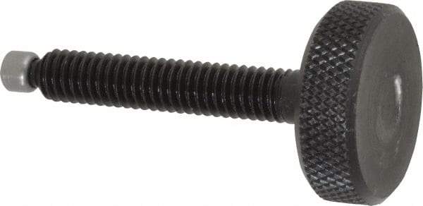 Jergens - 5/16-18 Knurled Shoulderless Swivel Pad Tip Grade 1215 Steel Thumb Screw - 2-3/8" OAL, 1-1/8" Head Diam x 3/8" Head Height, Black Oxide Finish - Americas Industrial Supply