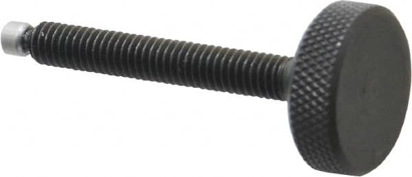 Jergens - 5/16-18 Knurled Shoulderless Swivel Pad Tip Grade 1215 Steel Thumb Screw - 2-7/8" OAL, 1-1/8" Head Diam x 3/8" Head Height, Black Oxide Finish - Americas Industrial Supply