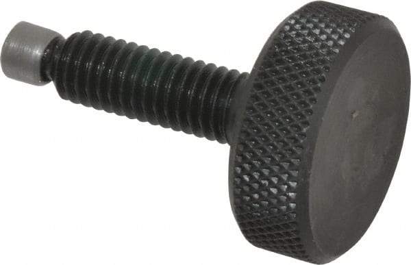 Jergens - 3/8-16 Knurled Shoulderless Swivel Pad Tip Grade 1215 Steel Thumb Screw - 1-15/16" OAL, 1-1/4" Head Diam x 7/16" Head Height, Black Oxide Finish - Americas Industrial Supply