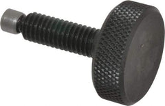 Jergens - 3/8-16 Knurled Shoulderless Swivel Pad Tip Grade 1215 Steel Thumb Screw - 1-15/16" OAL, 1-1/4" Head Diam x 7/16" Head Height, Black Oxide Finish - Americas Industrial Supply