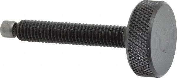 Jergens - 3/8-16 Knurled Shoulderless Swivel Pad Tip Grade 1215 Steel Thumb Screw - 2-15/16" OAL, 1-1/4" Head Diam x 7/16" Head Height, Black Oxide Finish - Americas Industrial Supply
