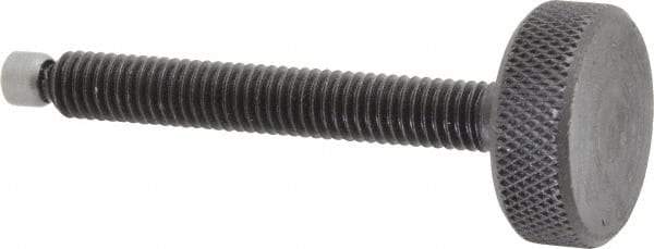 Jergens - 3/8-16 Knurled Shoulderless Swivel Pad Tip Grade 1215 Steel Thumb Screw - 3-7/16" OAL, 1-1/4" Head Diam x 7/16" Head Height, Black Oxide Finish - Americas Industrial Supply