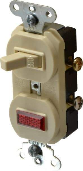 Pass & Seymour - 1 Pole, 120/125 VAC, 15 Amp, Flush Mounted, Ungrounded, Tamper Resistant Combination Switch with Pilot Light - NonNEMA Configuration, 1 Switch, Side Wiring, UL Listed 20 498 Standard - Americas Industrial Supply