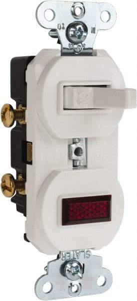 Pass & Seymour - 1 Pole, 120/125 VAC, 15 Amp, Flush Mounted, Ungrounded, Tamper Resistant Combination Switch with Pilot Light - NonNEMA Configuration, 1 Switch, Side Wiring, UL Listed 20 498 Standard - Americas Industrial Supply