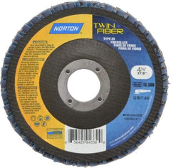 Norton - 40 Grit, 4-1/2" Disc Diam, 7/8" Center Hole, Type 29 Ceramic Flap Disc - 13,000 Max RPM, Fiberglass Backing, Arbor Attaching System, Coated - Americas Industrial Supply